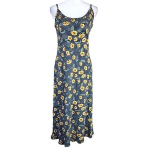 Tickets 90s Sunflower Gingham Midi Dress Women's 7/8 Ribbed Cotton Sun Dress